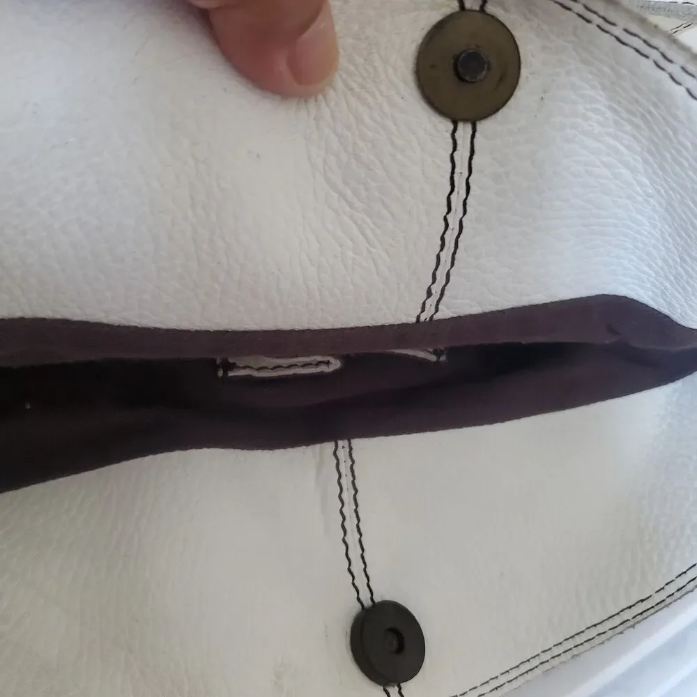Oushka Vintage White Leather Shoulder Bag Hobo Purse w/ Front Pockets Crossbody